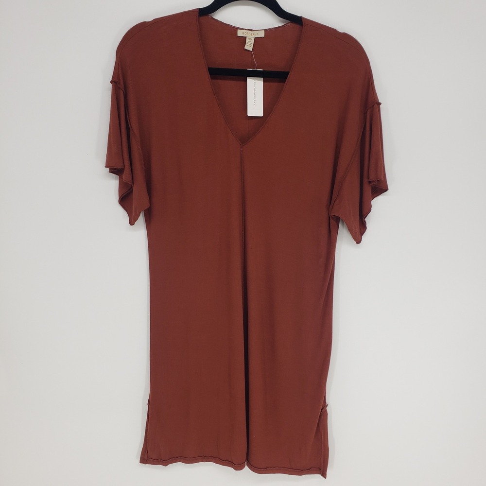 Bordeaux Anthropologie Ribbed V-Neck Tunic Top Women M Rust Brown Short Sleeve